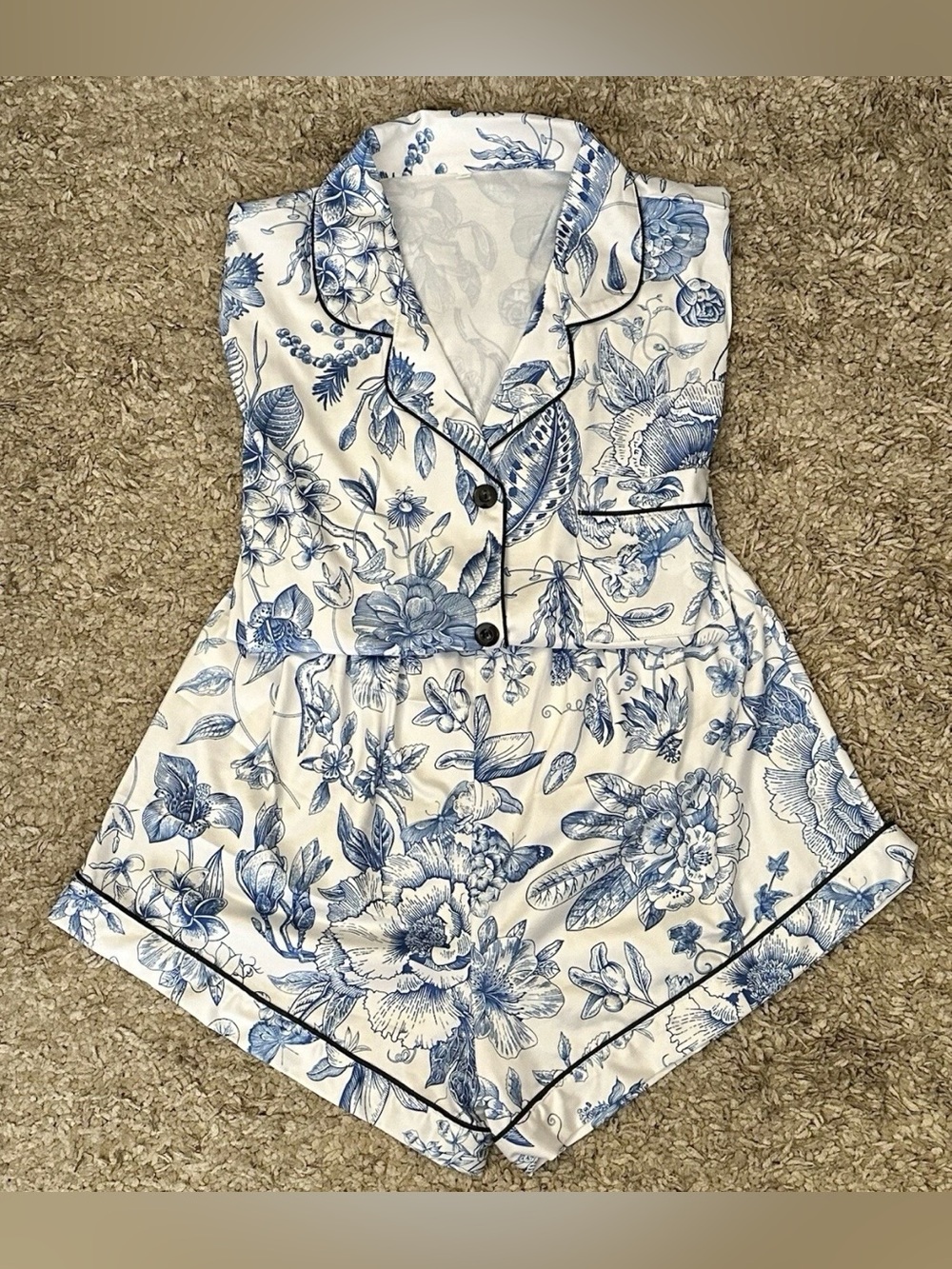 Bridesmaid Pajama Set Women’s S White/Blue Floral Smooth ButtonUp Shirt & Shorts